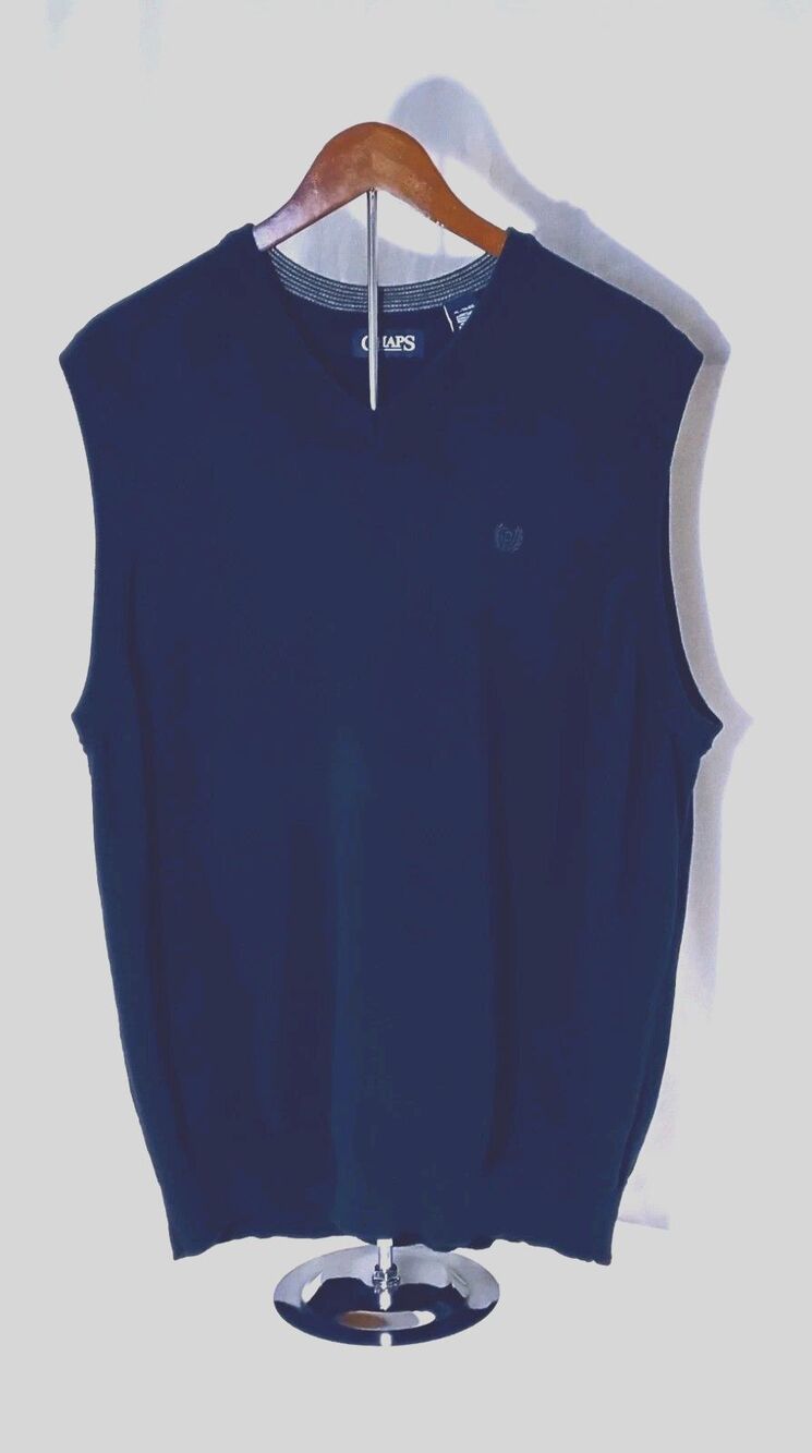 Chaps Sweater Vest Men's Size XL Navy Blue Top Sleeveless V Neck Ribbed Trims